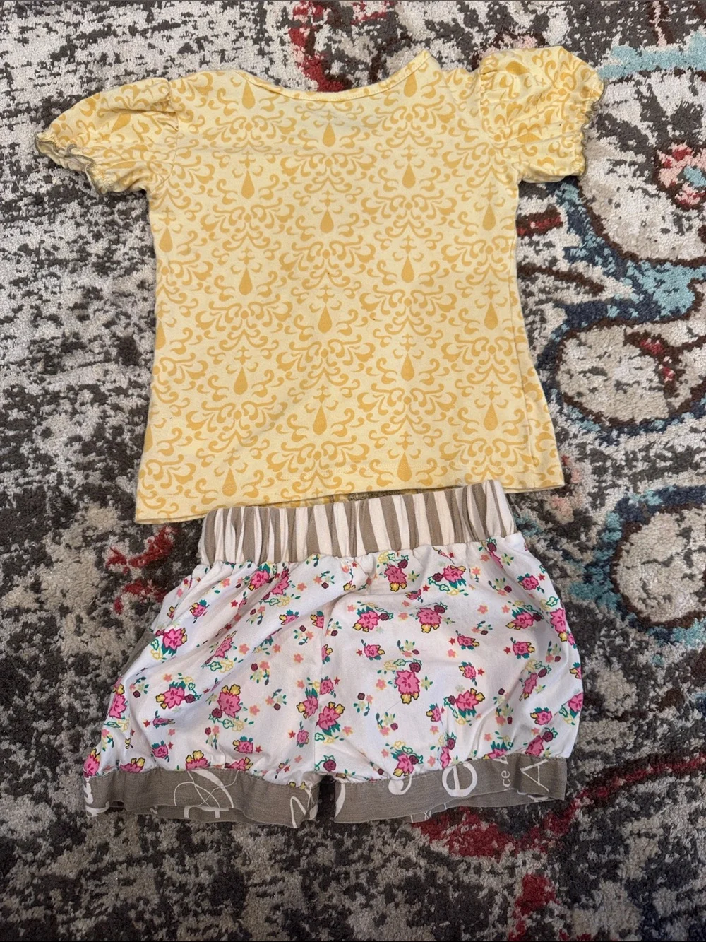 Mustard Pie Yellow Ruffle-Trim Top with Floral and Taupe Mix Shorts